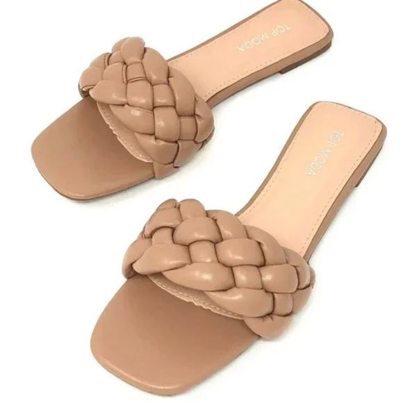 NEW Camel Tan Puffy Braided Faux Leather Square Toe Slip Slide On Flat Sandals - Picture 9 of 11